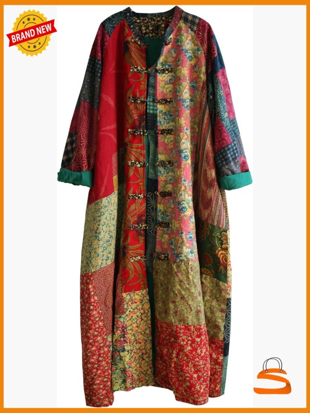 Women's Patchwork Floral Trench Coat Cotton Linen Boho Duster Relaxed Fit
